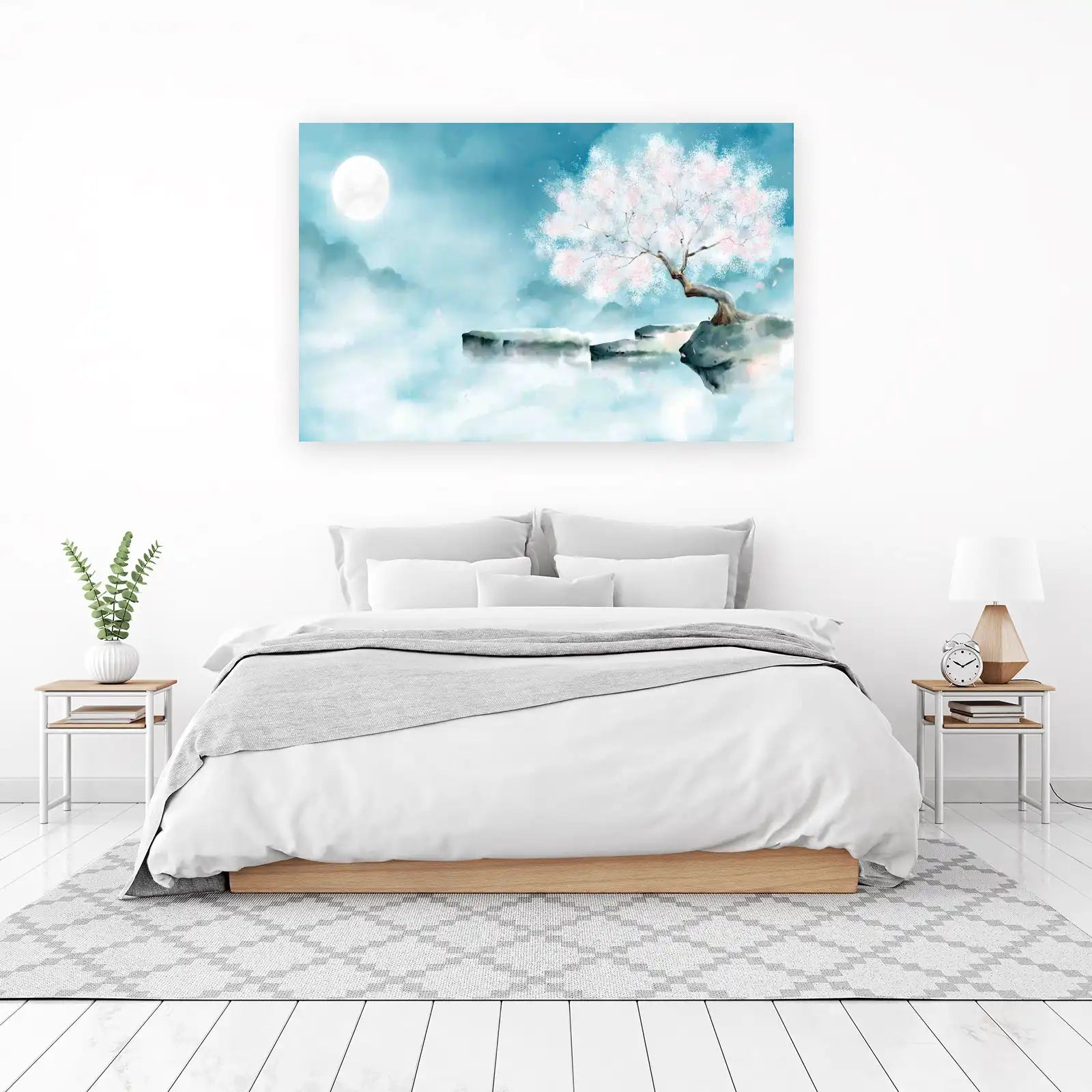 Serene Cherry Blossom Moonlit Landscape Wall Art