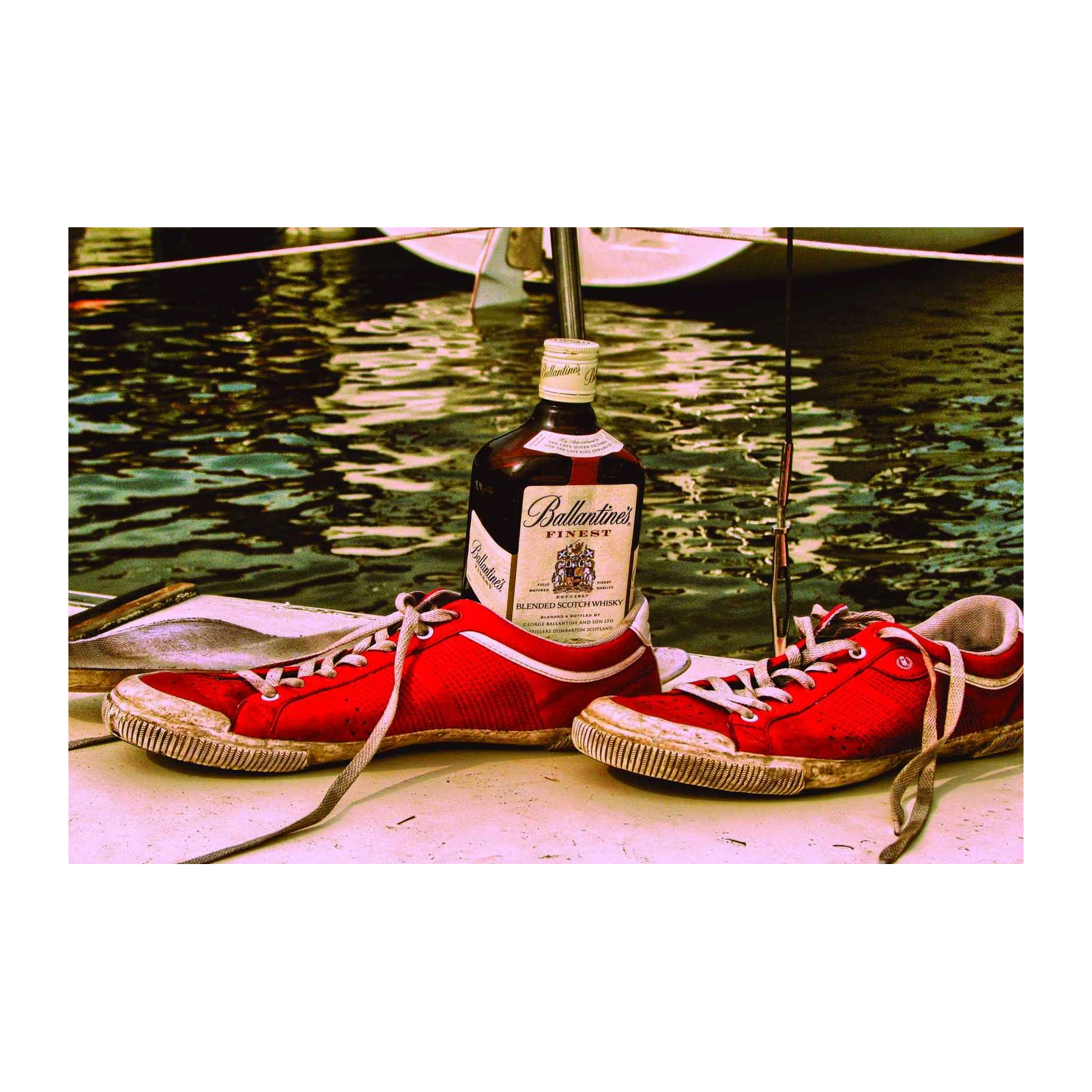 Vibrant Red Sneakers & Whisky Bottle Wall Art