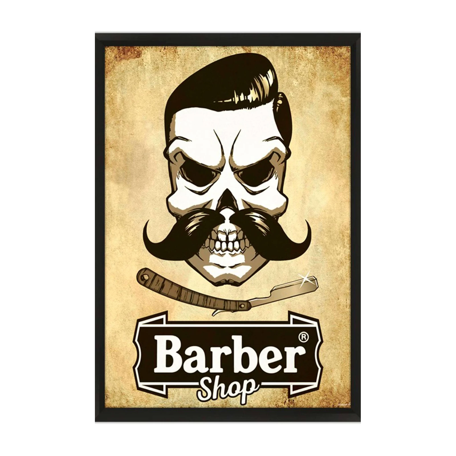 Vintage Barber Skull Mustache Straight Razor Wall Art