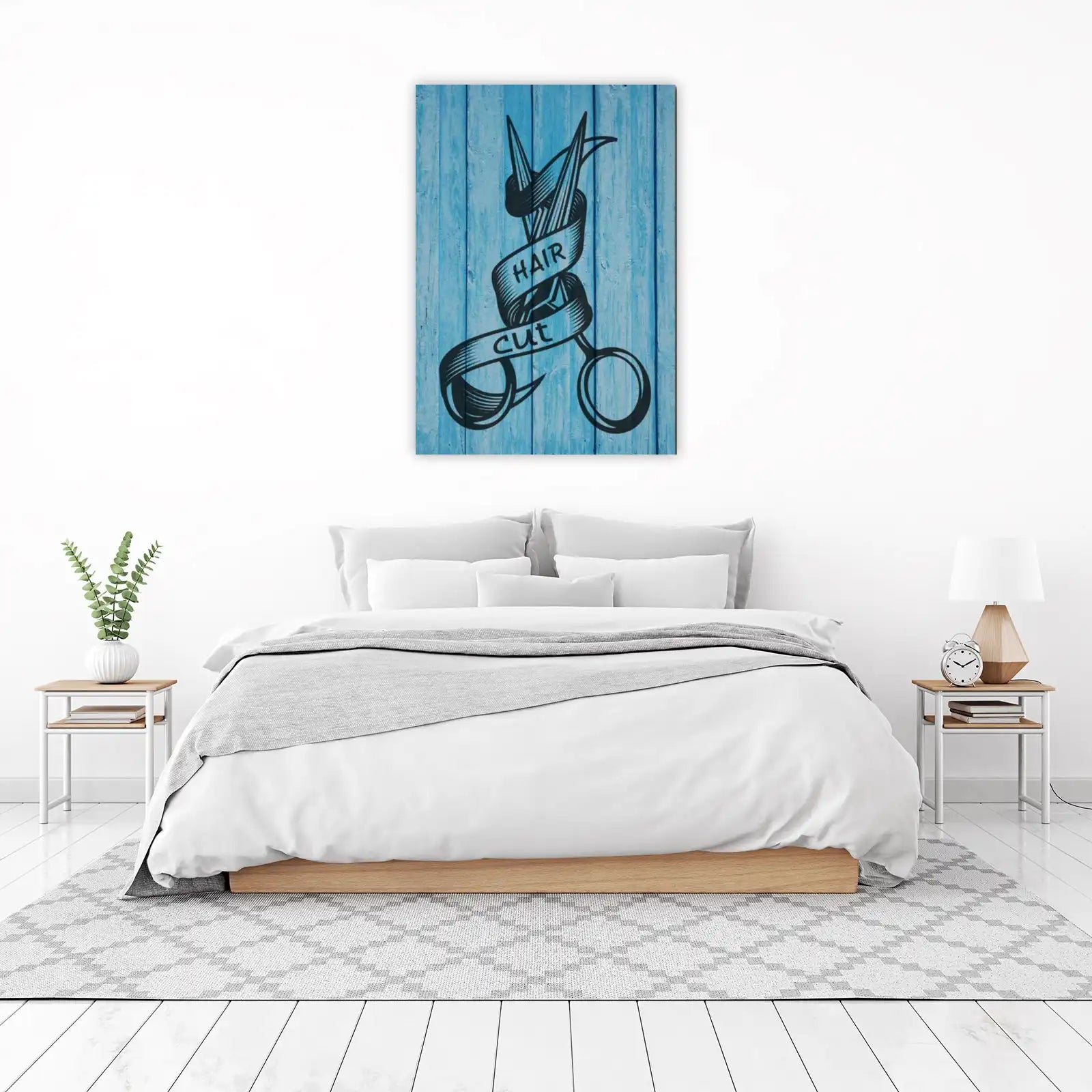 Vintage Haircut Scissors Blue Wood Wall Art
