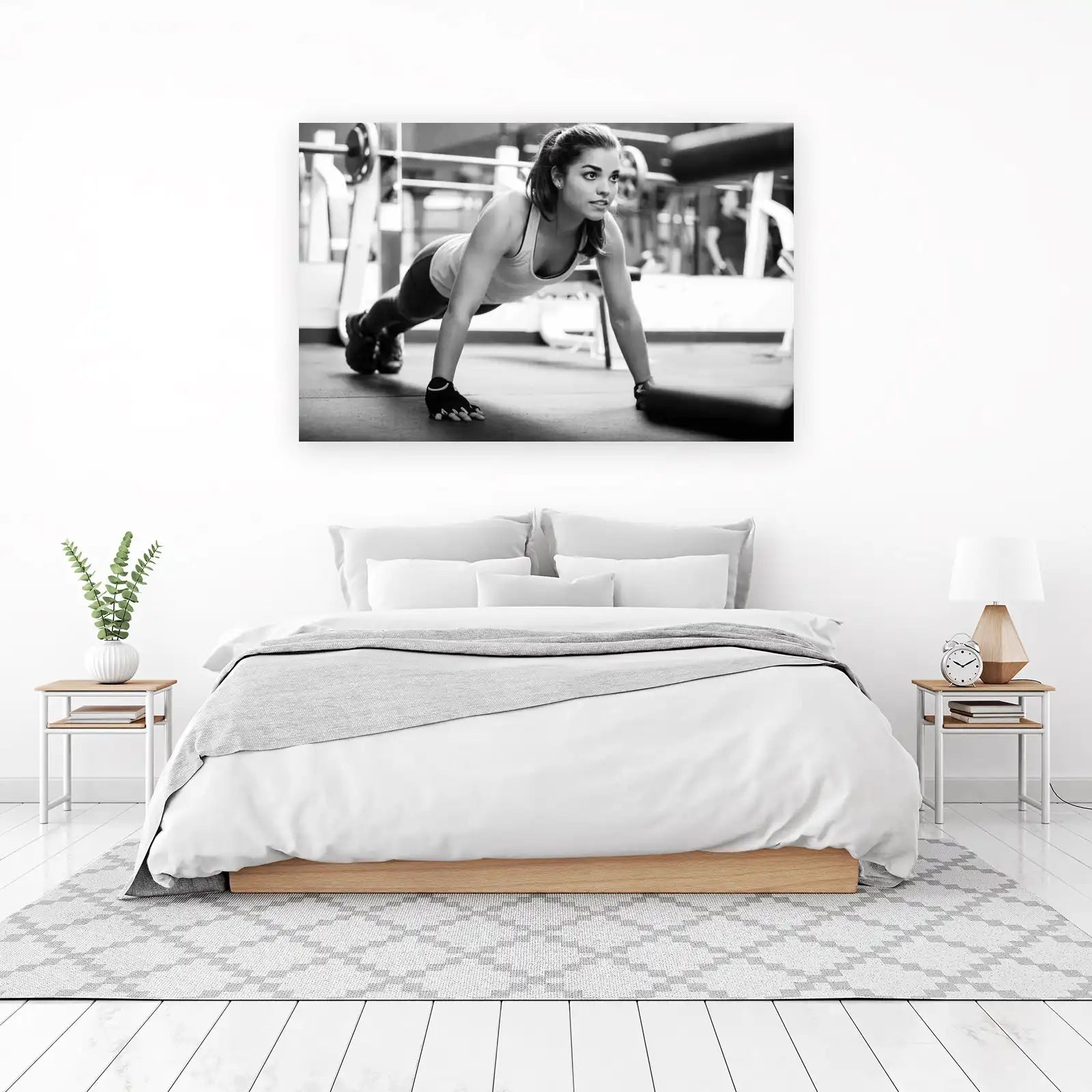 Motivated Woman Fitness Push-up Black and White Wall Art