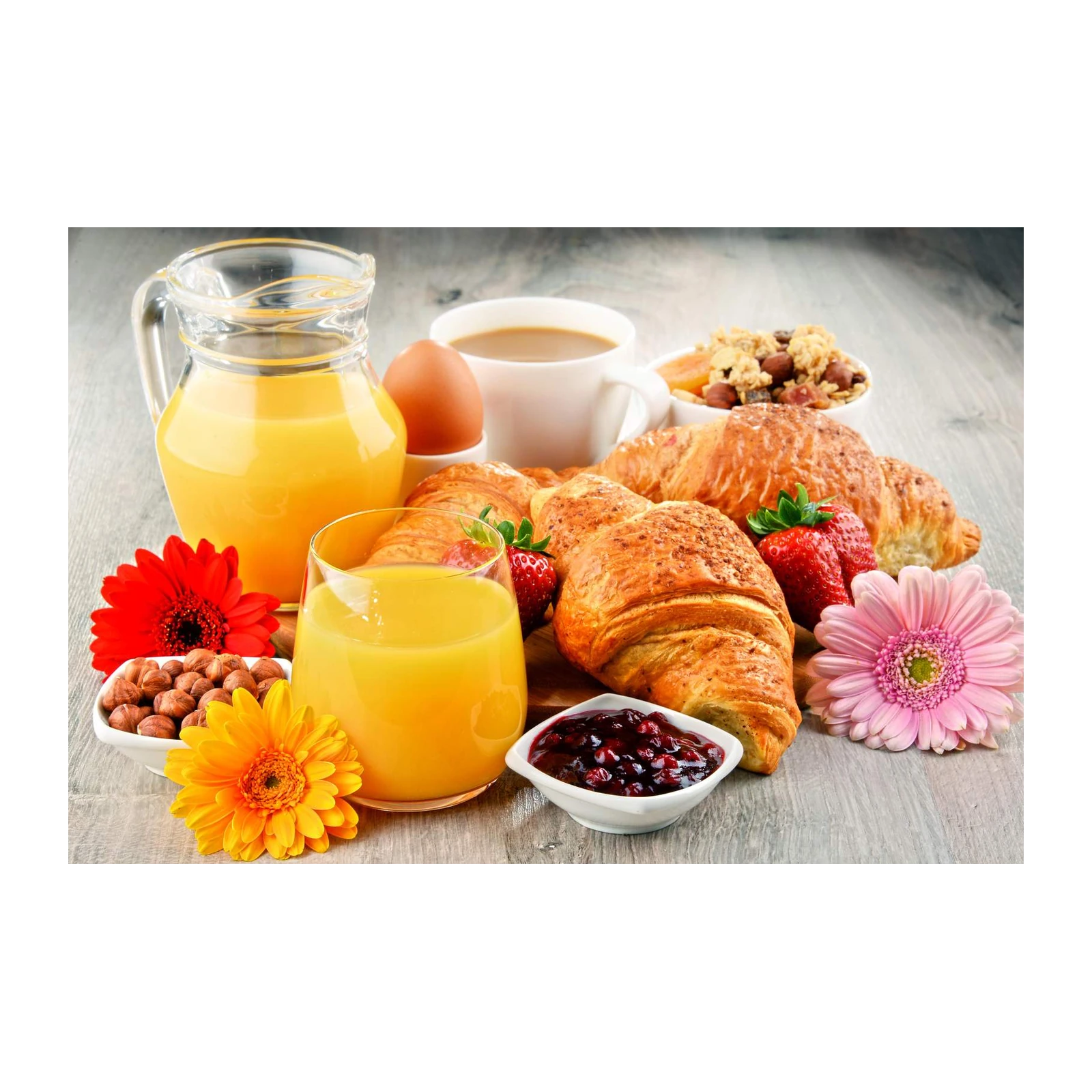 Artistic Breakfast Delights: Croissant & Orange Juice Wall Art