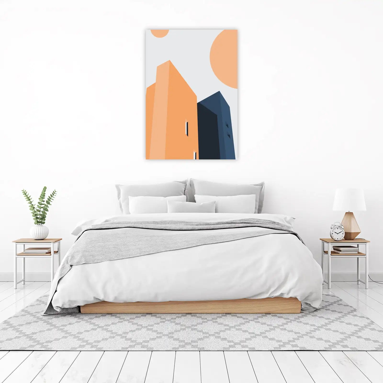 Modern Geometric Buildings Orange & Blue Wall Art