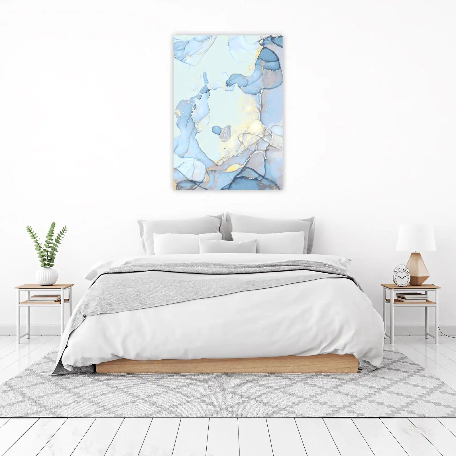 Serene Blue & Gold Abstract Ink Wash Wall Art