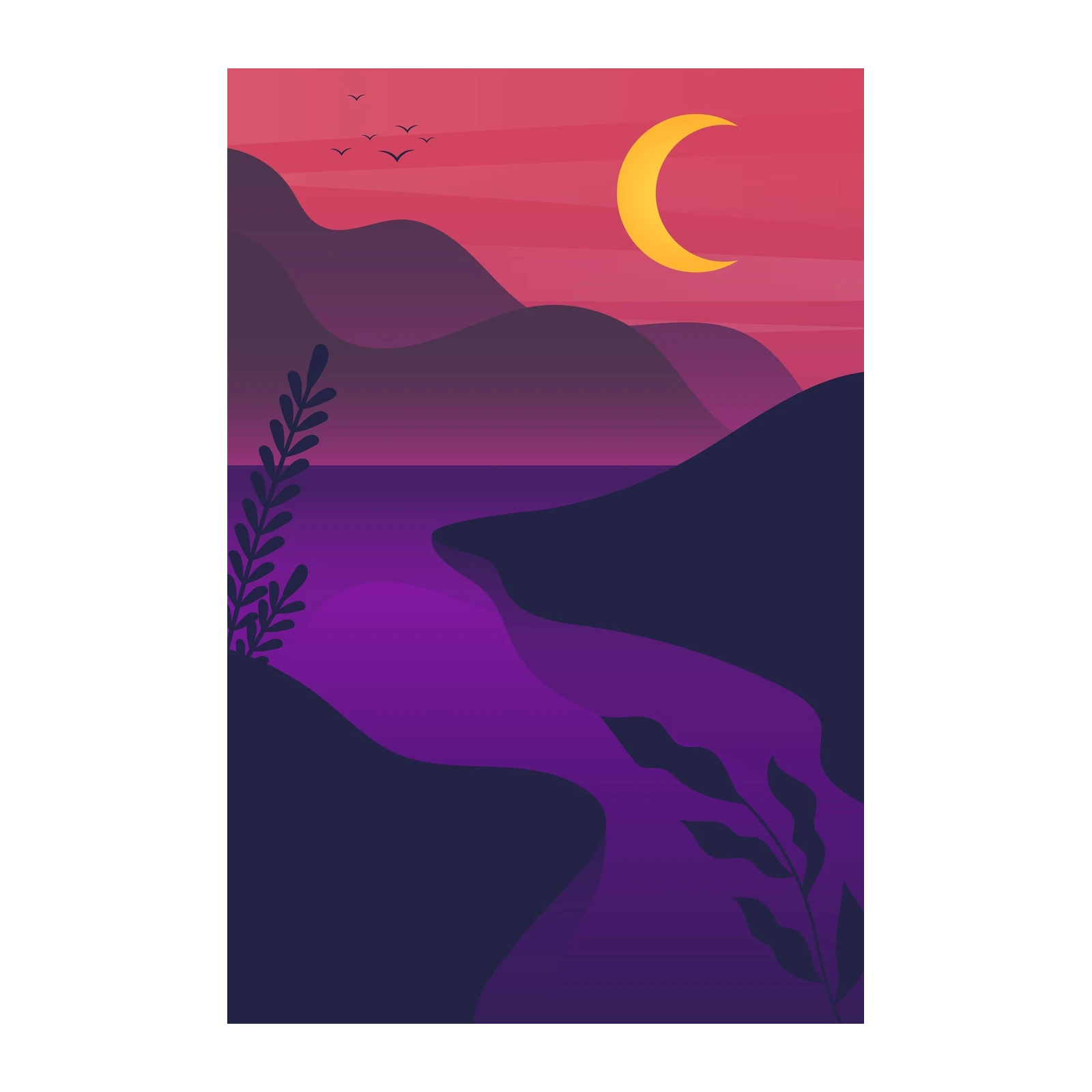 Crimson Sunset Moonscape Serene Wall Art