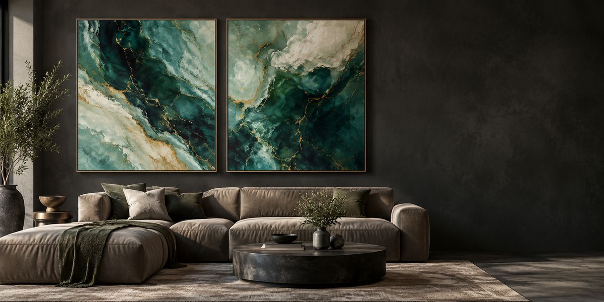 Illustrative emerald abstract prints above a contemporary sofa