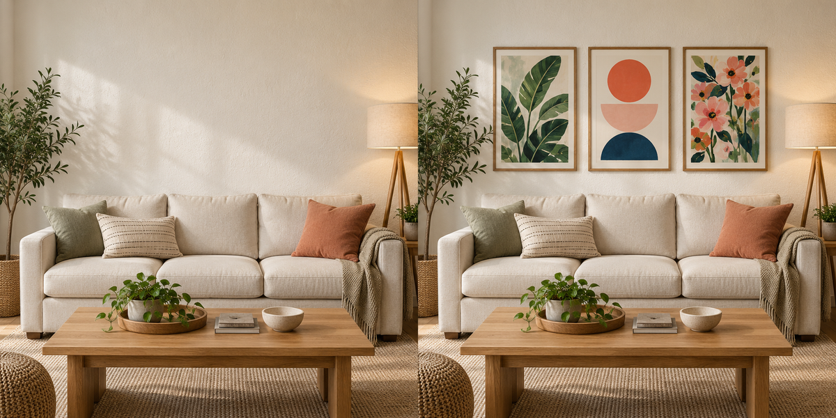 A cream sofa beneath an empty wall, illustrative room setting
