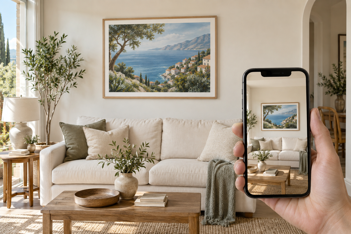 Illustration of previewing artwork in a room on a phone
