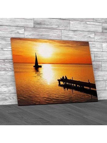 Jetty Sunset With Boat Canvas Print Large Picture Wall Art
