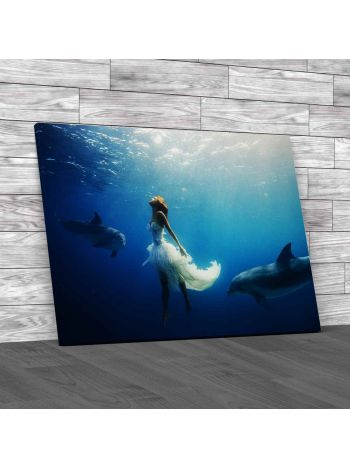 Swimming With Dolphins Canvas Print Large Picture Wall Art