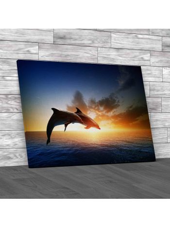 Jumping Dolphins With A Sea Sunset Canvas Print Large Picture Wall Art