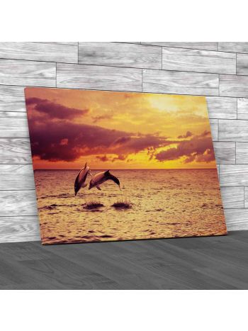 Two Dolphins Jump Into The Sunset Canvas Print Large Picture Wall Art