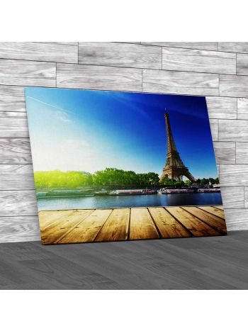 Wooden Deck Table And Eiffel Tower Canvas Print Large Picture Wall Art