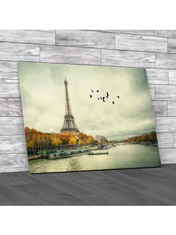 Eiffel Tower With Birds Flying Over Seine Canvas Print Large Picture Wall Art