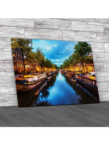 Canals Of Amsterdam At Night Canvas Print Large Picture Wall Art