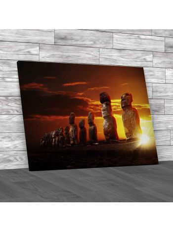 Statues At Sunrise In Easter Island Canvas Print Large Picture Wall Art