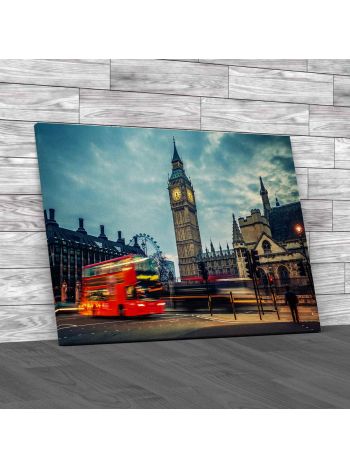 Double Decker Bus At Night Canvas Print Large Picture Wall Art