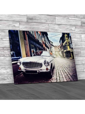 Retro Car On Old Street Canvas Print Large Picture Wall Art