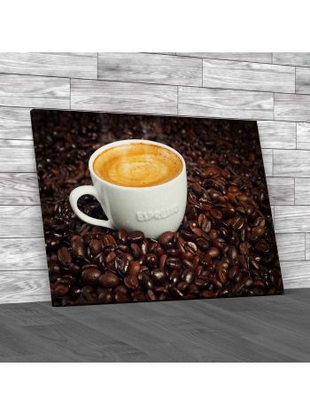Cup Of Espresso In Dark Roasted Coffee Beans Canvas Print Large Picture Wall Art