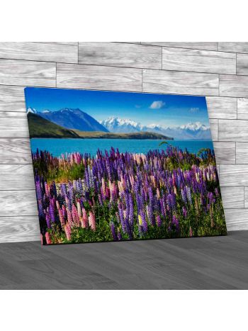 Mountain Lake With Llupins Blooming Canvas Print Large Picture Wall Art