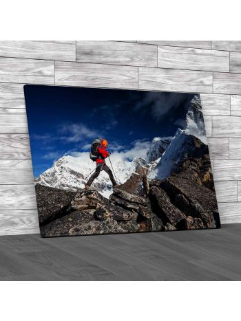 Hiker On The Trek In Himalayas Nepal Canvas Print Large Picture Wall Art