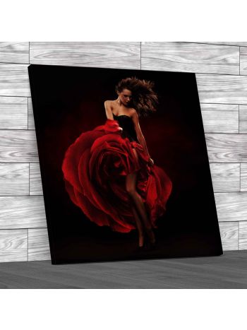 Sexy Woman In Rose Dress Square Canvas Print Large Picture Wall Art
